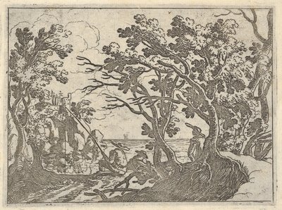 Landskap med landfiskare och manlig åskådare under träd, en man i en båtbåge..., ca. 1620-50. av Remigio Cantagallina