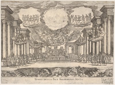 Sjätte mellanspelet: fredens tempel Intermedio sesto: tempio della pace, från serien S..., 1608. av Remigio Cantagallina