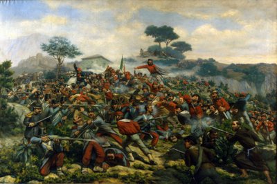Risorgimento: slaget vid Calatafimi på Sicilien mellan trupperna från Giuseppe Garibaldi (1807-1882), Tusen och armén för kungariket av de två Sicilien av Remigio Legat