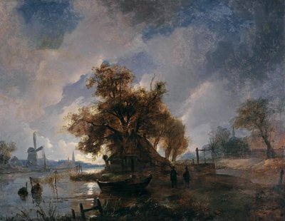 Tyska: Dutch River Landscape in the Moonlight Dutch River Landscape in the Moonlight av Remigius Adrianus Haanen