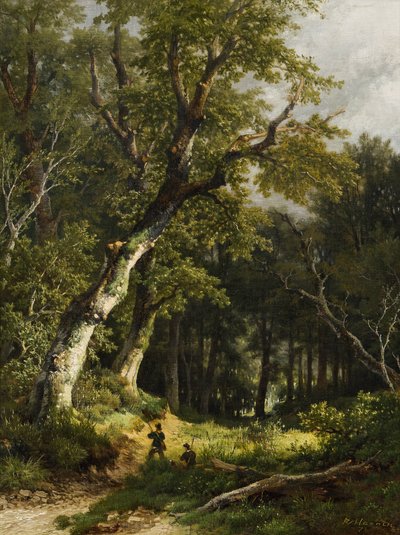 Skogsbeklätt landskap med två jägare av Remigius Adrianus Haanen