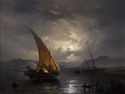 Ett nattlandskap med en segelbåt där en eld tänds, efter 1860 (olja på duk) av Remigius van Haanen