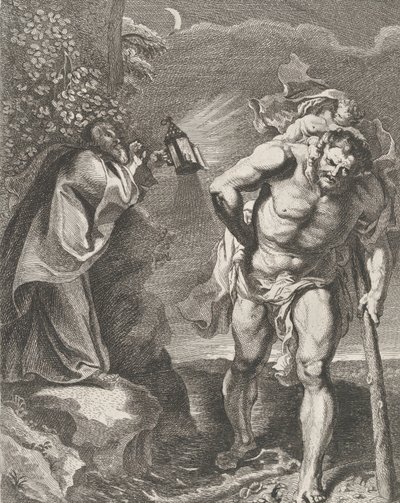 Den helige Christopher bär Kristusbarnet över en bäck, en annan man som håller en ..., ca. 1636-80. av Remoldus Eynhoudts