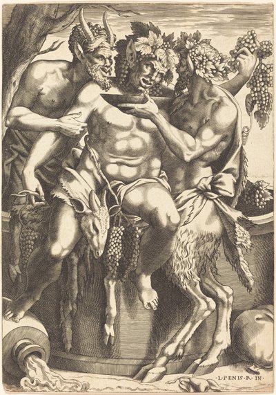 Två satyrer som ger dryck till Bacchus av René Boyvin after Luca Penni