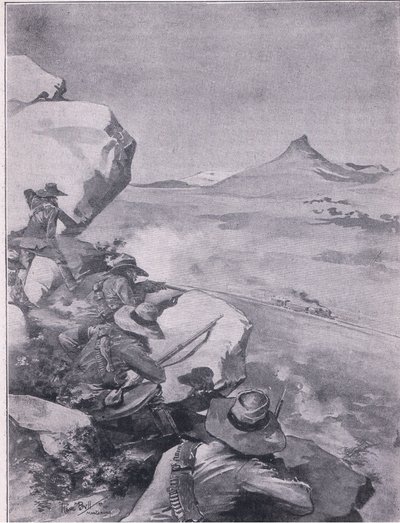 Boer som skjuter på General Frenchs tåg (litho) av René Bull