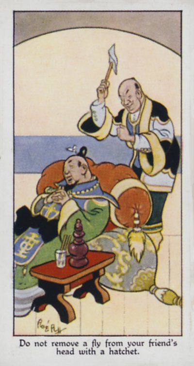 Ta inte bort en fluga från din väns huvud med en yxa (färg litho) av René Bull