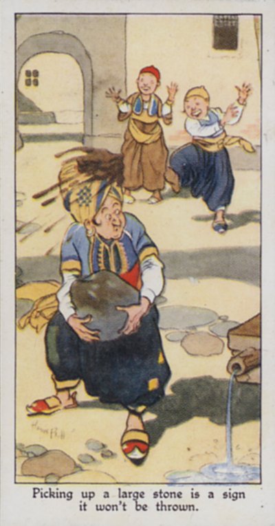Östligt ordspråk: Att plocka upp en stor sten är ett tecken på att den inte kommer att kastas (färg litho) av René Bull