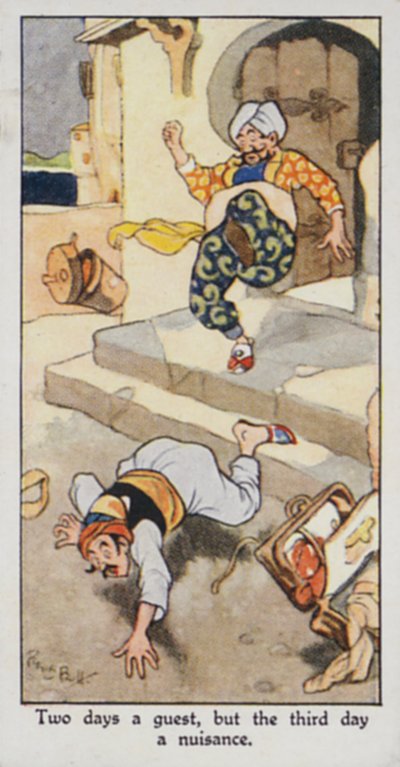 Östligt ordspråk: Två dagar en gäst, men den tredje dagen en olägenhet (färg litho) av René Bull