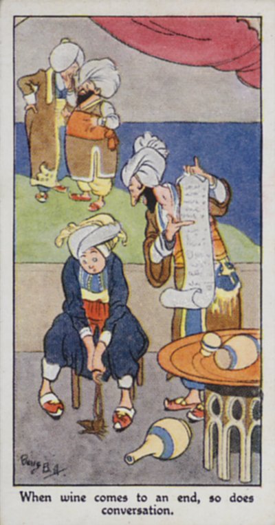 Östligt ordspråk: När vinet tar slut, gör konversationen det också (färg litho) av René Bull