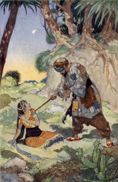 Han började slå henne så illa att hon ropade på hjälp (färg litho) av René Bull