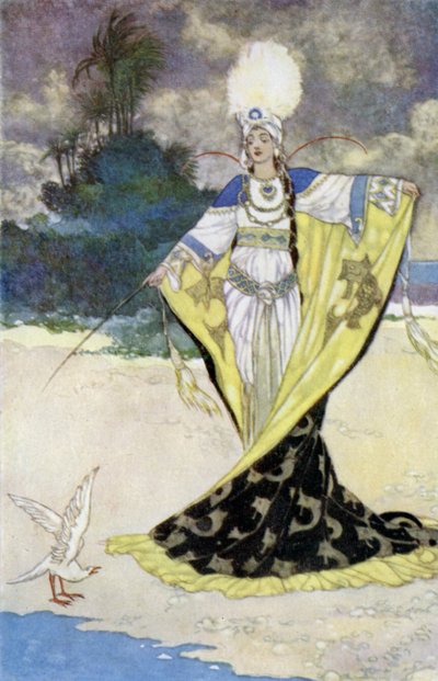 Prinsessan Giauhara förvandlar King Beder till en vit fågel (litho i färg) av René Bull