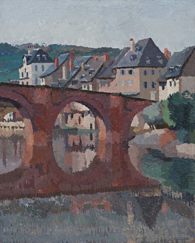 Reflektion av bron på tomten vid Espalion, Aveyron av René Fontayne