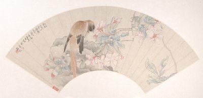 Fågel på en sten vid en blommande gren, daterad 1879. av Ren Xun