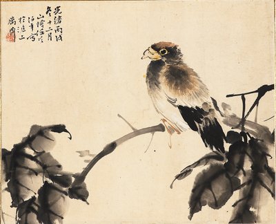 Fågel på en gren, 1886 av Ren Yi