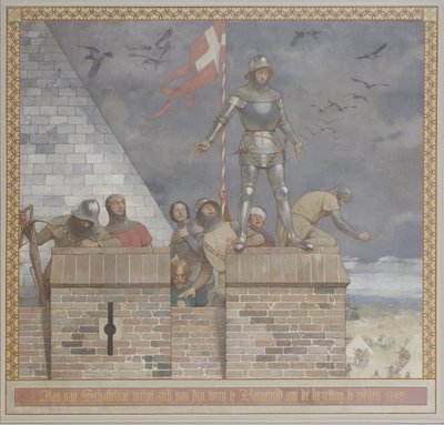 Målning av Georg Sturm bilden av Jan van Schaffelaar kastar sig från tornet i Barneveld för att rädda ockupationen, på södra väggen i Voorhal av René den Engelsman