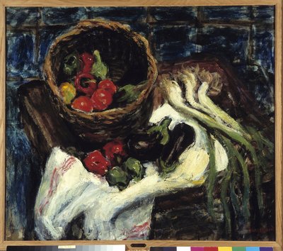 Stilleben i grönsakskorg, paprika, aubergine och purjolök (olja på duk) av Rene Auguste Seyssaud
