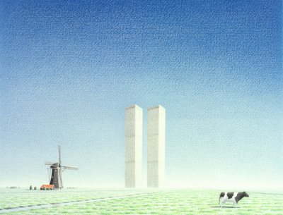 Twin Towers, 2001, teckning med färgpenna på papper av Rene Boin