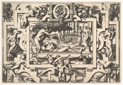 Medea häller en trolldryck över Jason King Aeson, både förfallen och vördnadsvärd, i ett kar hon..., 1563. av Rene Boyvin
