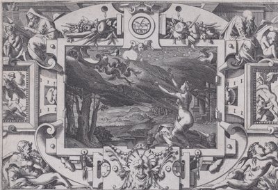 Medea and Her Chariot Drawn by Dragons Disheveled och naken en mörk natt, på en öde plats..., 1563. av Rene Boyvin