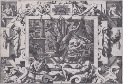 Pelias dödad av sina döttrar vars medlidande de tar mod hans blod att tömma av v..., 1563. av Rene Boyvin