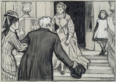 Besöket, illustration från La Jeune Fille Bien Elevee av Rene Boylesve (svartvita krita på papper) av René François Xavier Prinet