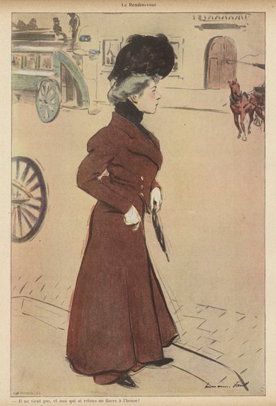 Kvinna reste sig vid en planerad mötesplats (färg litho) av Rene George Hermann Paul