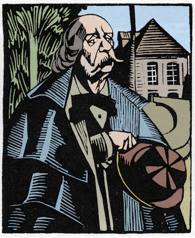 Porträtt av Gustave Flaubert (1821-1880). Trästick av Hermann-Paul (Hermann Paul) (1874-1940) för Louis Bertrands bok "Flaubert a Paris eller Le Mort Vivant". av Rene George Hermann Paul