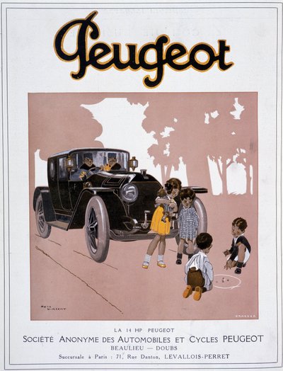 Reklam för Peugeot "" The 14 HP Peugeot"" i "" Comoedia illustrious""" den 20 december av Rene Vincent