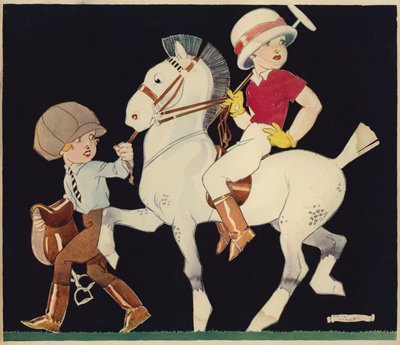 Pojke på poloponny, leds av stalltjej (färg litho) av Rene Vincent