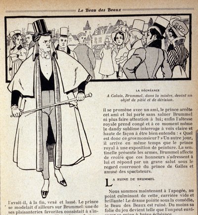 Representation av George Bryan Brummel (1778 - 1840), kungen av Dandies, som befinner sig i exil i Calais. Illustration av René Vincent. 1800-talet av Rene Vincent