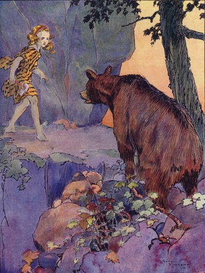 En liten stenåldersflicka (färg litho) av Rene Vincent