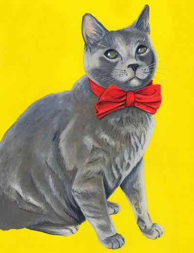 Grå katt med röd fluga av Renee Machan Cottagecore Artist