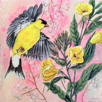 En livfull steglits och gula blommor av Renee Machan Cottagecore Artist