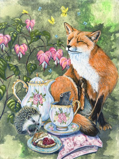 ”Afternoon Tea” – Räv, igelkott och mus med blödande hjärtblommor av Renee Machan av Renee Machan Cottagecore Artist