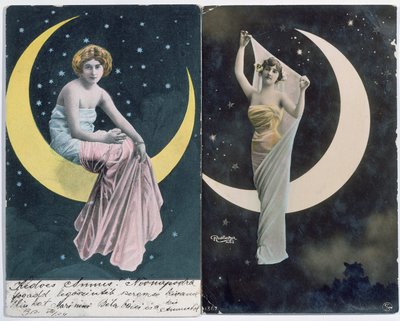 Ungerska (på L.) och franska (på R.) vykort föreställande en kvinna och en halvmåne (ca 1910) (färgat foto) av Reutlinger Studio