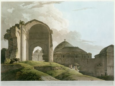 Ruinerna av palatset i Madurai, graverade av Thomas och William (1769-1837) Daniell, publicerad 1798 (färg litho) av Rev. Edward Thomas Daniell
