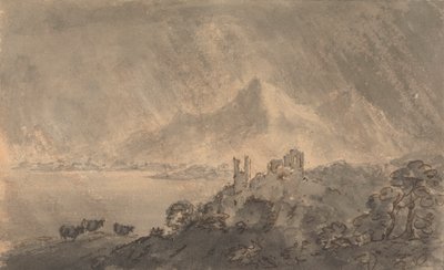 Slott ovanför en sjö med fjärran berg under stormig himmel av Rev. William Gilpin