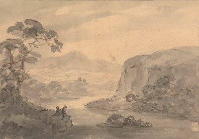 Bergigt landskap med två figurer med utsikt över en sjö av Rev. William Gilpin