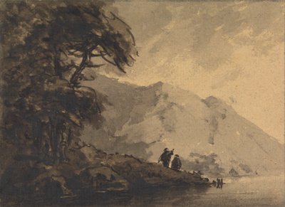 Två figurer på stranden med berg som reser sig bakom av Rev. William Gilpin
