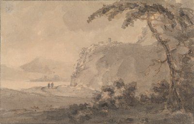 Två figurer på en väg vid en sjö av Rev. William Gilpin