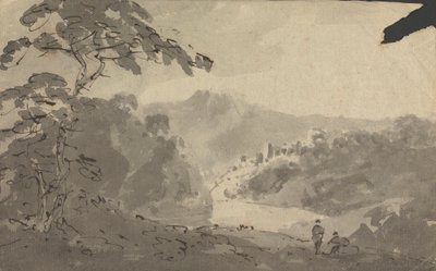 Två män som tittar in i landskapet med slott, flod och bergsscen av Rev. William Gilpin