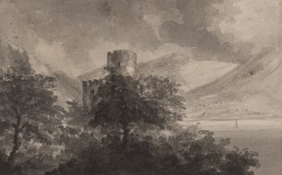 Wooded Lakeland Castle: capriccio, 1804 (borste & monokroma tvättar på papper) av Rev. William Gilpin