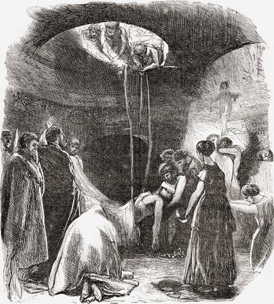 En tidig kristen begravning i katakomberna i Rom, Italien. Ur Italian Pictures av Rev. Samuel Manning, publicerad ca 1890. av Reverend Samuel Manning