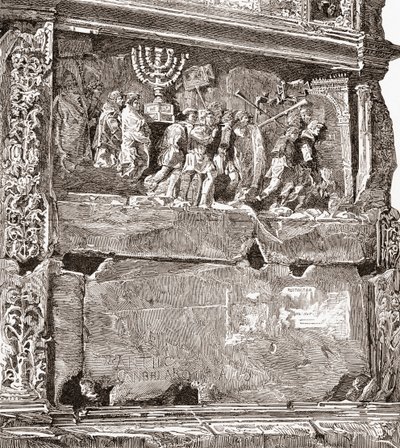 Basrelief av den södra panelen "Krigsbytet", som visar triumftåget, på Titusbågen, Via Sacra, Forum Romanum, Rom, Italien. Från Italian Pictures av Rev. Samuel Manning, publicerad ca 1890. av Reverend Samuel Manning