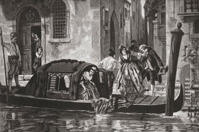 Passagerare stiger ur en gondol på Canal Grande i Venedig, Italien, i slutet av 1800-talet. Från Italian Pictures av Rev. Samuel Manning, publicerad ca 1890. av Reverend Samuel Manning