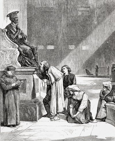 Människor kysser fötterna på statyn av Sankt Peter i Peterskyrkan, Vatikanstaten, Rom i slutet av 1800-talet. Från Italian Pictures av Rev. Samuel Manning, publicerad ca 1890. av Reverend Samuel Manning