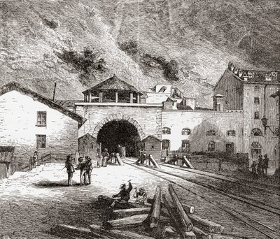 Järnvägstunneln Fréjus, även kallad Mont Cenis-tunneln, Europeiska Alperna, från den italienska sidan i slutet av 1800-talet. Från Italian Pictures av Rev. Samuel Manning, publicerad ca 1890. av Reverend Samuel Manning