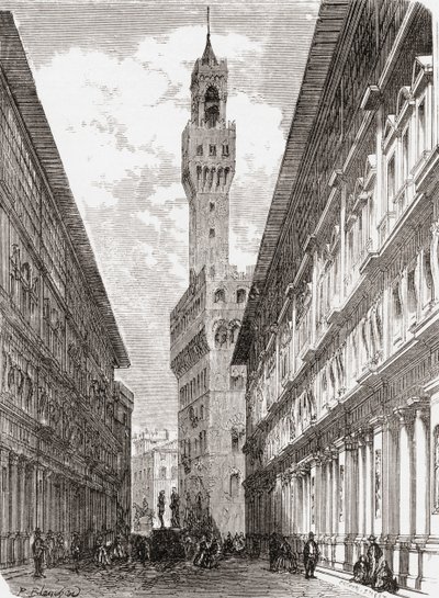 Uffizierna, Palazzo Vecchio och statyer på Piazza della Signoria, Florens, Italien i slutet av 1800-talet. Från Italian Pictures av Rev. Samuel Manning, publicerad ca 1890. av Reverend Samuel Manning