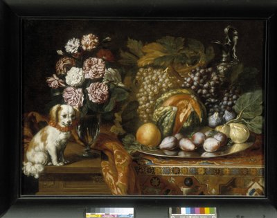 Stilleben med dvärgspaniel (olja på duk) av Reynaud Levieux