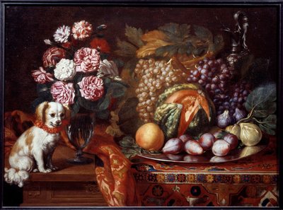 Stilleben med dvärgspaniel. Målning av Renaud Levieux sa Reynaud Le Vieux (ca 1625-1690) av Reynaud Levieux